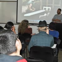 <p>Darrel Swann, a faculty member at the Jacob Burns Film Center talks to students about stealing conversations from real life for use in their screenplays at the 28th annual Young Authors Conference sponsored by Putnam/Northern Westchester BOCES.</p>