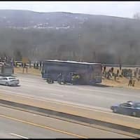 <p>A bus is parked on the shoulder of I-84 westbound in Danbury near Exit 4. It appears to have been evacuated. </p>