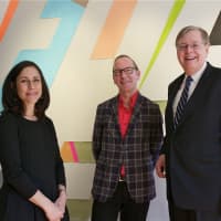 <p>Bonnie Wattles, Franklin Street Works Executive Director, with Jon Campbell and Stamford Mayor David R. Martin (R). </p>