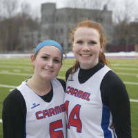 <p>Carmel senior captains Caitlin Murphy (L) and Hanna Aull.</p>