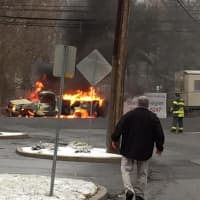 <p>No injuries were reported in the car fire on East Putnam Avenue between the I-95 entrance and Stamford line. </p>
