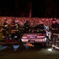 <p>The car was severely damaged in a collision with a box truck </p>