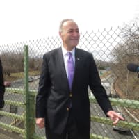 <p>U.S. Sen. Charles Schumer standing on an I-95 overpass pointed toward the location of a possible Connecticut toll plaza less than a mile away.</p>