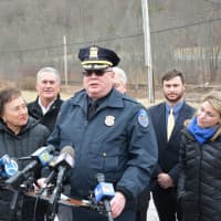 <p>New Castle Police Chief Charles Ferry speaks at the Chappaqua press conference.</p>