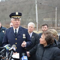 <p>MTA Police Chief Michael Coan speaks at the Chappaqua press conference.</p>