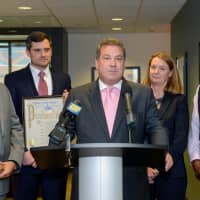 <p>From left, Regus Area Director Allen Whiley, Regus Manager Ryan Powell, Yonkers Mayor Mike Spano, Executive Vice President and Director of Retail Development for FCRC Kathy Welch and Ridge Hill General Manager Andrew Hardy. </p>