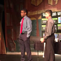 <p>Katrall Clay and Aasim Vhora pitch their ideas for a tech shop during the Norwalk Education Foundation&#x27;s Shark Tank Competition.</p>