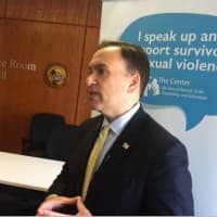 <p>Greenwich First Selectman Peter Tesei speaking just prior to proclaiming April as Sexual Assault Awareness Month.</p>