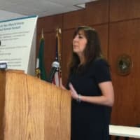 <p>Weston First Selectman Gayle Weinstein speaking at the press conference announcing April as Sexual Assault Awareness Month.</p>