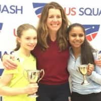 <p>Marina Stefanoni, left and Nina Matel, right celebrate with coach Natalie Grainger. Grainger coaches Stefanoni, of Darien, and Matel, of West Harrison, at Chelsea Piers Connecticut in Stamford.</p>