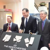 <p>Breaking tiles to kick off a major renovation of The Westchester, are from left, County Executive Rob Astorino, Simon Regional Vice President Robert Guerra and White Plains Mayor Thomas Roach.</p>