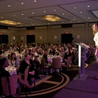 <p>Geena Davis speaks to the crowd at the Fund for Women and Girls luncheon.</p>