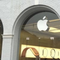 <p>The Apple store on Greenwich Avenue showing a display of images of the new Apple Watch that went on sale Friday.</p>