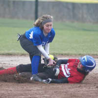 <p>Alexis Bazos is tagged out at second by Port Chester&#x27;s Marissa Arminio.</p>