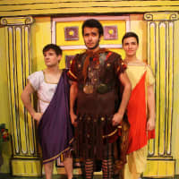 <p>Larry Gardner, Dillon Silvaggi and Jonathan Genovese in a scene from &quot;A Funny Thing Happened on the Way to the Forum&quot; at Westlake High School.</p>