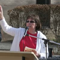 <p>Mary Consoli, president of the Danbury Nurses&#x27; Union, speaks to the crowd.</p>