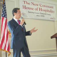 <p>Ernie Anastos gives a keynote address during the New Covenant House of Hospitality Celebrity Breakfast fundraiser at Woodway Country Club of Darien.</p>