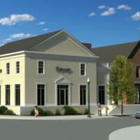 <p>An old Chappaqua Crossing rendering shows an elevated plinth for two retail buildings, which has been removed.</p>