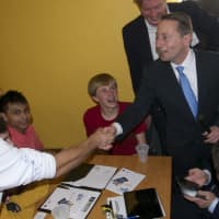 <p>Rob Astorino meets the competitors in the final 30 teams prior to the awards ceremony Friday.</p>