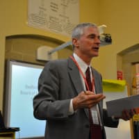 <p>Bedford Schools Superintendent Jere Hochman speaks at a budget talk in Bedford Hills.</p>