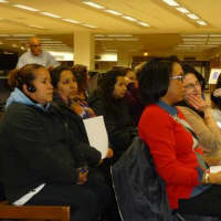 <p>New Rochelle residents listen at Thursday&#x27;s school district budget meeting.</p>