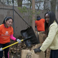 <p>Housatonic Community College students clean up leaves at LifeBridge Community Services in Bridgeport last week.</p>