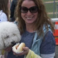 <p>Catina Aspiazu, of Darien, and her poodle eye a hot dog. </p>