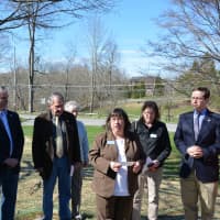 <p>Town and library officials gather for the grand opening of the Lewisboro Library following a lengthy renovation.</p>