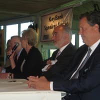 <p>Marsha Gordon, president of the Business Council of Westchester, at the microphone, seated next to Robert Weisz of RPW Group and Tim Jones of the Robert Martin Co.</p>