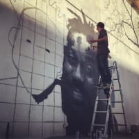 <p> Australian artist Damien Mitchell on the side of the Roosevelt Ballroom</p>