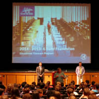 <p>Briarcliff Middle School Principal Susan Howard, flanked by New NY Bridge team members Daniel Marcy and Andrew ORourke, spoke during the special assembly. </p>