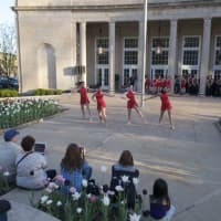 <p>The Allegra Dance Company performs in front of the Restoration Hardware building.</p>