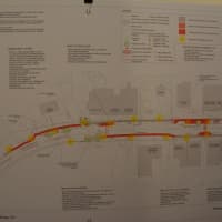 <p>A photo of the Scotts Corners project&#x27;s map, focusing on the western side. Red lines indicate new sidewalks.</p>