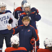 <p>Katey Stone, center, head coach for Olympic Team USA in womens ice hockey and head coach of womens ice hockey at Harvard University, will be part of the Young Women in Sport event Sunday in Greenwich.</p>