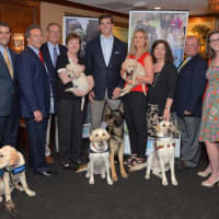 <p>Giants&#x27; quarterback Eli Manning (center) with Platinum sponsor and longtime Guiding Eyes supporter Canine Company. </p>