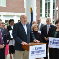 <p>Mount Kisco Mayor Michael Cindrich speaks at a campaign-launch rally for village Trustee Karen Schleimer, who is seeking a county board seat.</p>