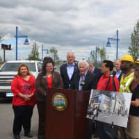 <p>Former Bridgeport Mayor Leonard Paoletta joins Mayor Bill Finch, tradesmen and other officials in making the movie theater announcement in front of the Bass Pro Shop construction site.  </p>
