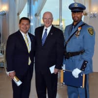 <p>(L-R) Keynote speaker Diego G. Rodriguez, assistant director in charge, FBI, New York Office New Rochelle Police Commissioner Patrick J. Carroll, and Officer of the Year Police Officer Dwayne Jones.</p>