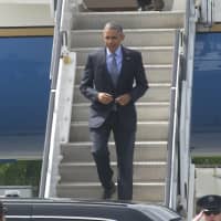 <p>Air Force One arrived at approximately 3:10 p.m. on Thursday.</p>