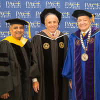 <p>President Stephen J. Friedman with colleagues at the undergraduate commencement.</p>