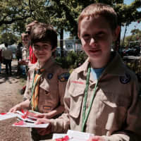 <p>Boy Scouts offer poppies to those attending the Greenwich Town Party. </p>