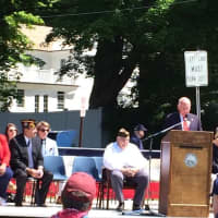 <p>First Selectman addresses the crowd at the end of the parade</p>
