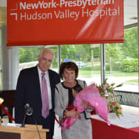 <p>John C. Federspiel, president of NewYork-Presbyterian/Hudson Valley Hospital and Vice President of Patient Services Kathy Webster, who is retiring after 39 years of service to the hospital.</p>