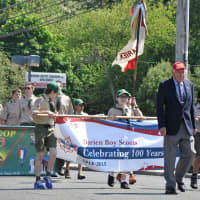 <p>Veteran and Monuments and Ceremonies Commission member, Charles Scribner leads a Darien Parade Division.</p>