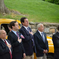 <p>Local and regional elected officials stop for a ceremony in front of the Bedford Hills Community House.</p>