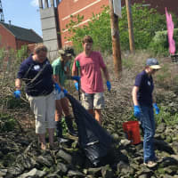 <p>New Canaan students clean up the Norwalk River banks outside the Maritime Aquarium.</p>