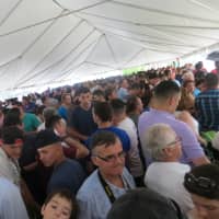 <p>Hundreds of visitors to the Albanian Festival crowded under a tent to escape the rain on Sunday at Kensico Dam Plaza.</p>