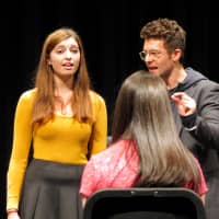 <p>Briarcliff High School alumnus and Broadway actor David Perlow, right,  coached sophomore Kelly Hooper during his master class. </p>