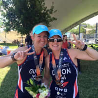 <p>Amy Dixon, right, of Greenwich and her triathlon partner, Lindsey Cook, have gotten off to a fast start in the triathlon seaso.</p>