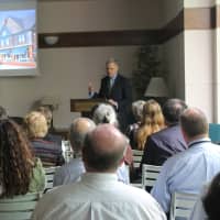 <p>Sam White with PBDW Architects gives a lecture at Burke in White Plains.</p>